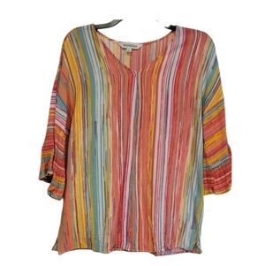 Davi & Dani Stripped Multi Colored 100% Rayon V-neck Pull On Blouse Size S